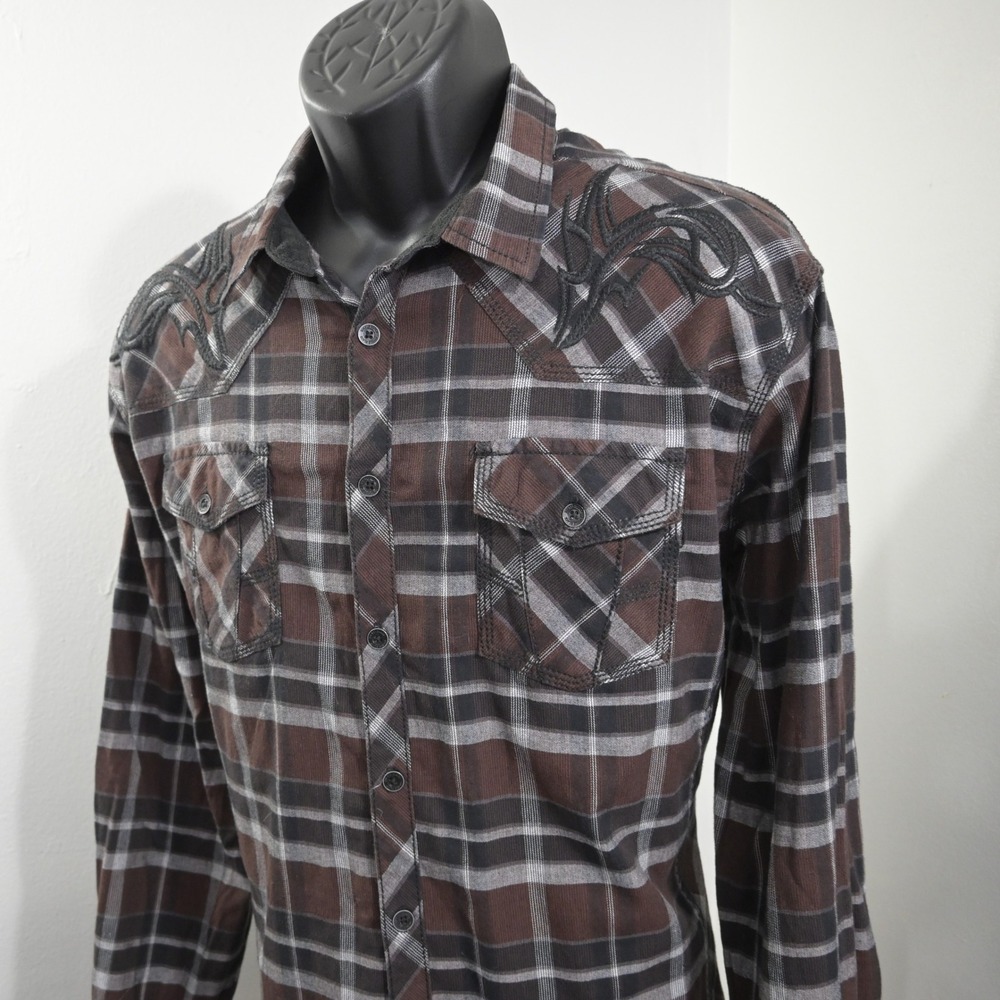 Buckle Black Button Up Mens XL Athletic Fit Brown Gray Plaid Embroidered Western